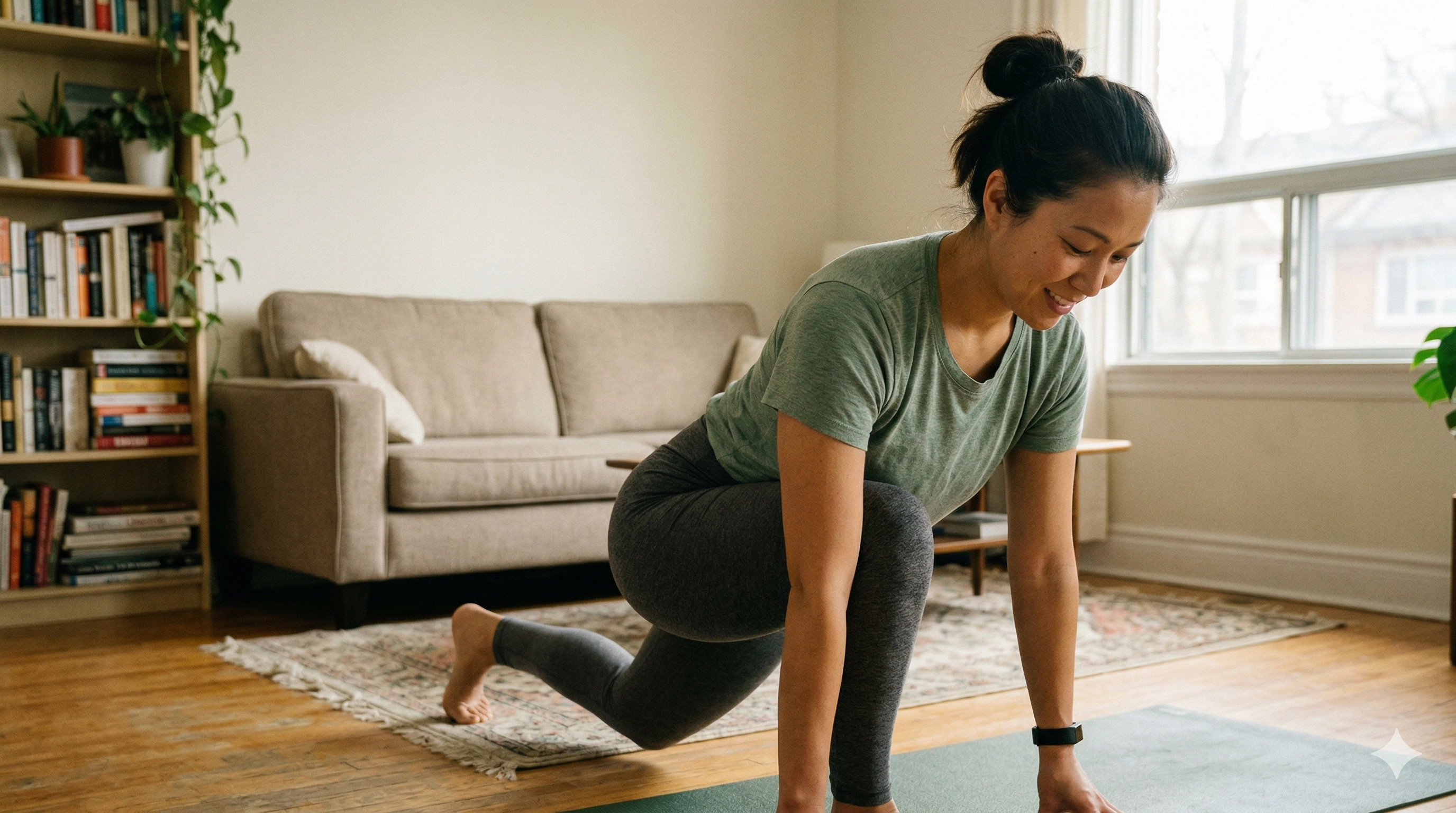 A woman doing a simple yoga stretch at home in a calm, everyday setting
