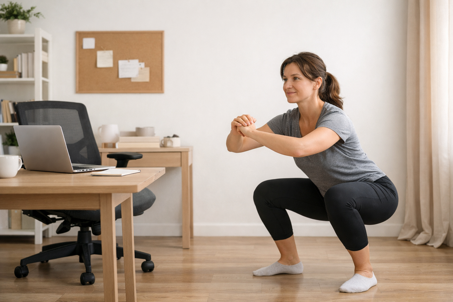 A person doing a simple squat workout at home