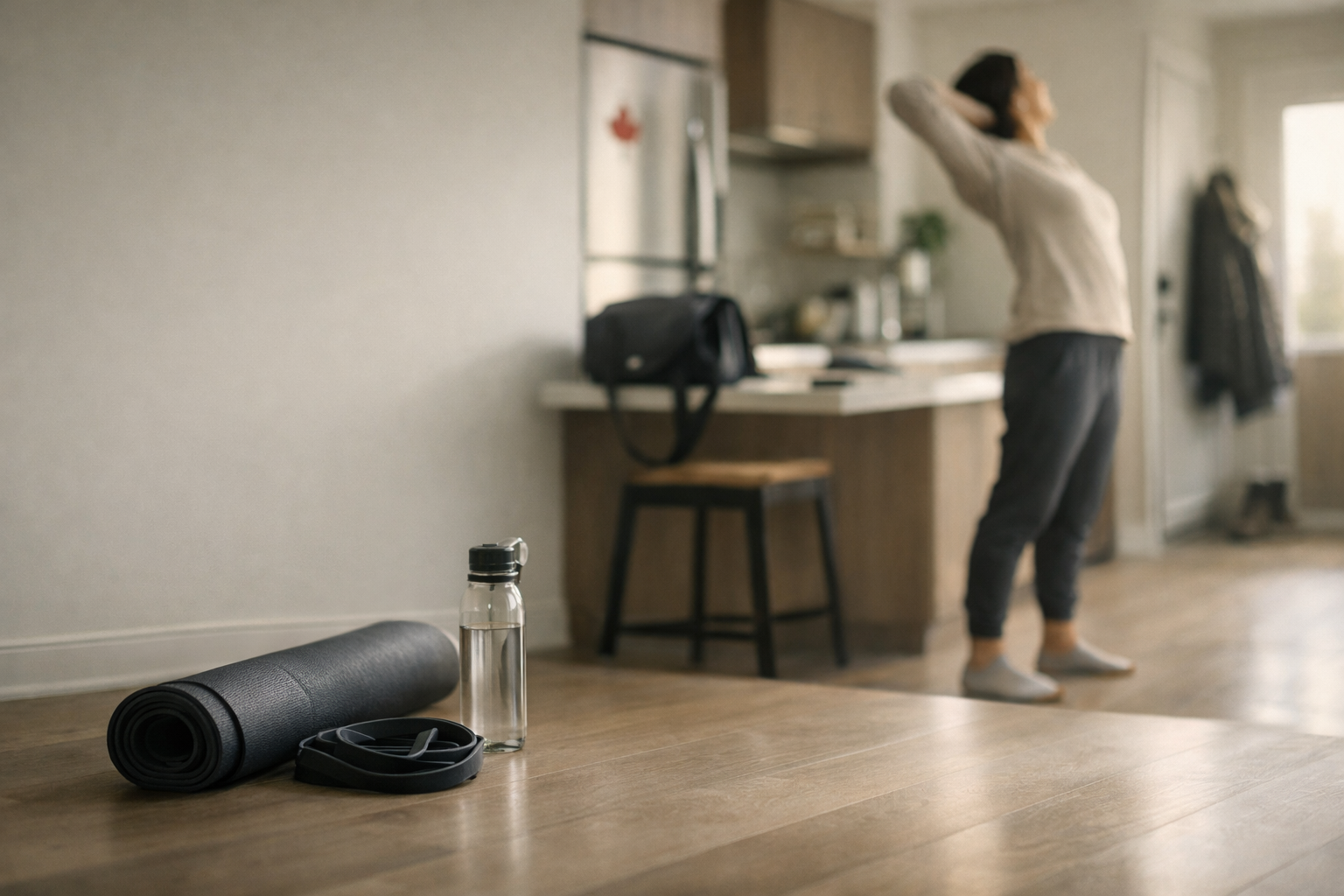 A photo showing a person in the background stretching and gym gear in the foreground